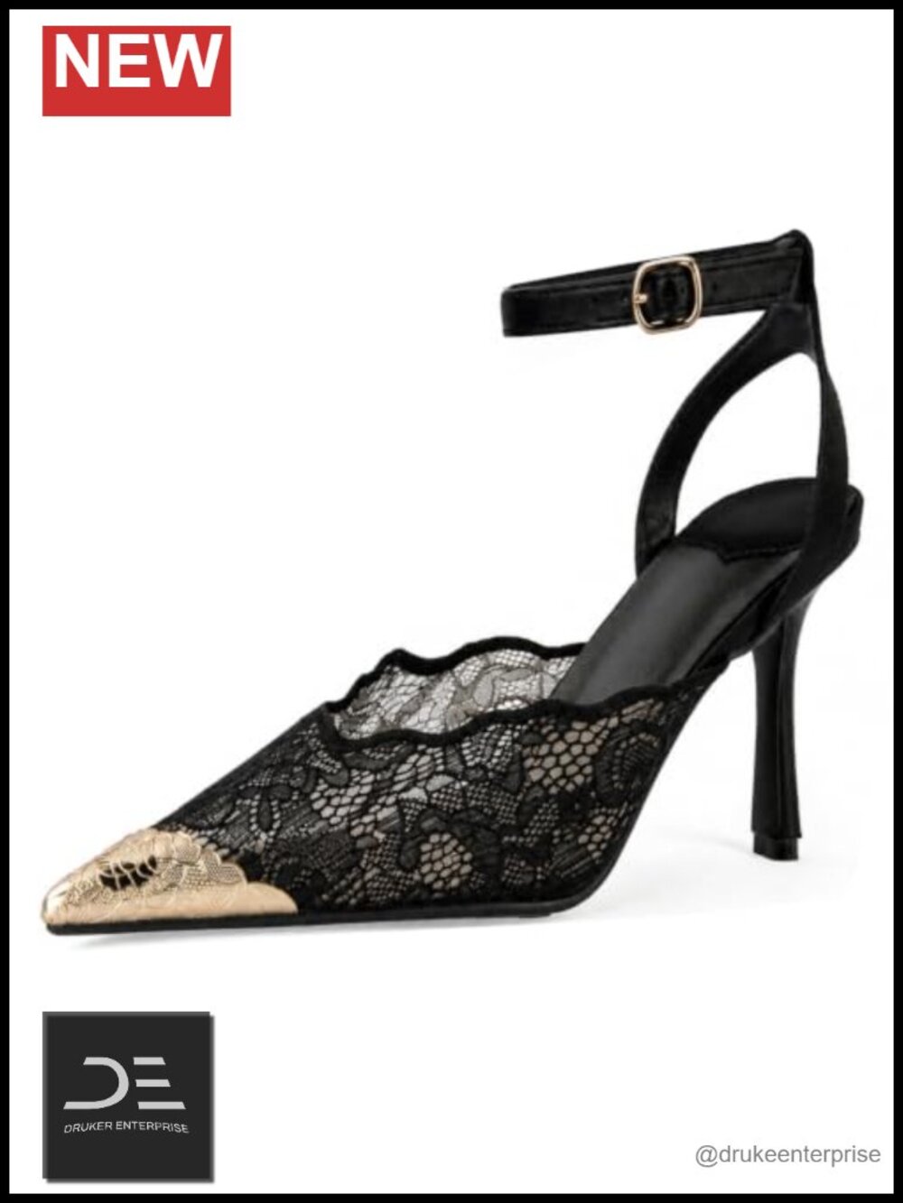 Women's Lace Stiletto Pumps, Mesh Buckle Strap High Heels, 4 Inch Evening Party